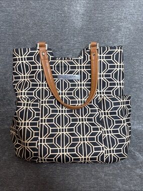 Petunia Pickle Bottom Black and Cream Geometric Tote with Tan Handles